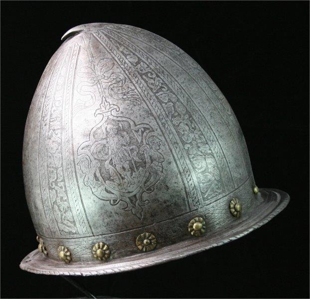 Morion-Cabasset Helmet, 1580–1590 Italian etched steel, bra…